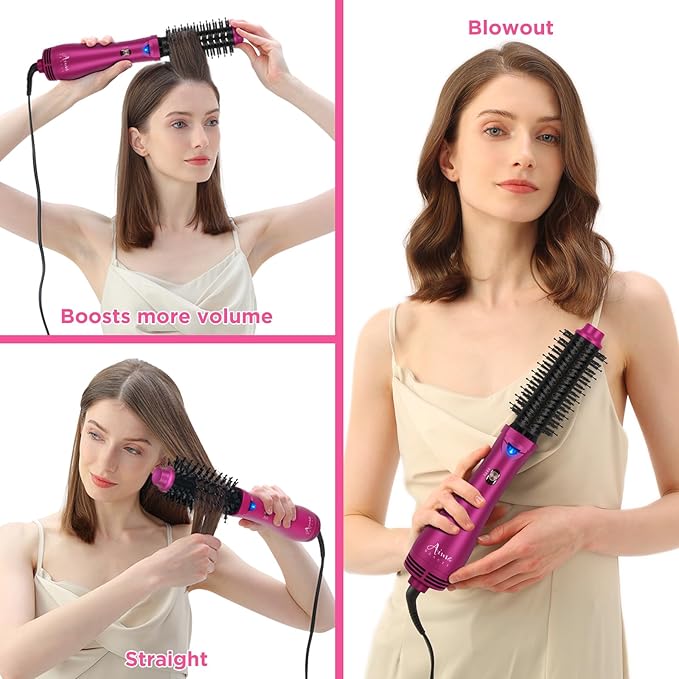 Aima Beauty One Step Hair Dryer & Volumizing Hot Air Brush, Ceramic Straightener Brush, Curler & Hot Comb 4 in 1 Salon Ionic Hair Brush, Rose Pink