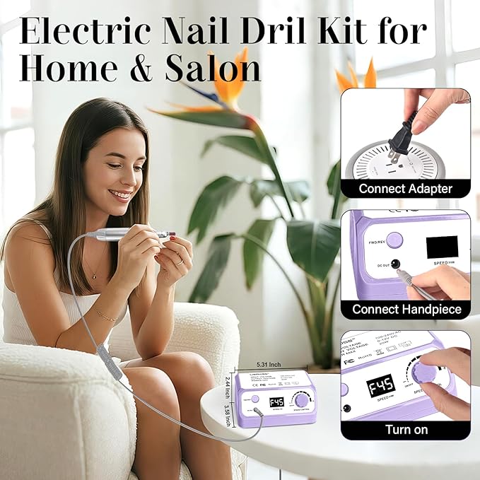 Nail Drill 45000RPM Electric Nail File Drill Nails Machine - Professional Nails Drill with Sanding Bands and Nail Drill Bits for Acrylic, Gel Nail Manicure & Pedicure, Palepurple