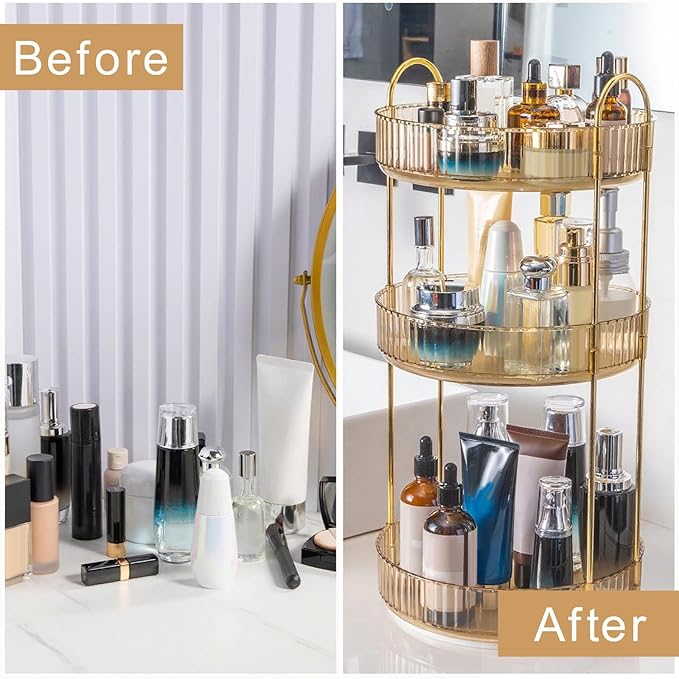 360 Rotating Makeup Organizer, Yellow, Unisex, 3 Tier Countertop Storage, Fits Cosmetics, Perfume, Skincare, Lipsticks