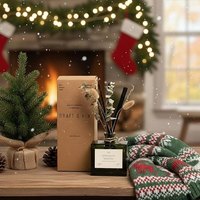 Craft & Kin Christmas Reed Diffuser with Dried Flowers | 5 oz White Peony & Tuberose Scented Holiday Reed Diffusers for Home, Bathroom | Scent Sticks | Elegant Fragrance Home Decor for Men & Women