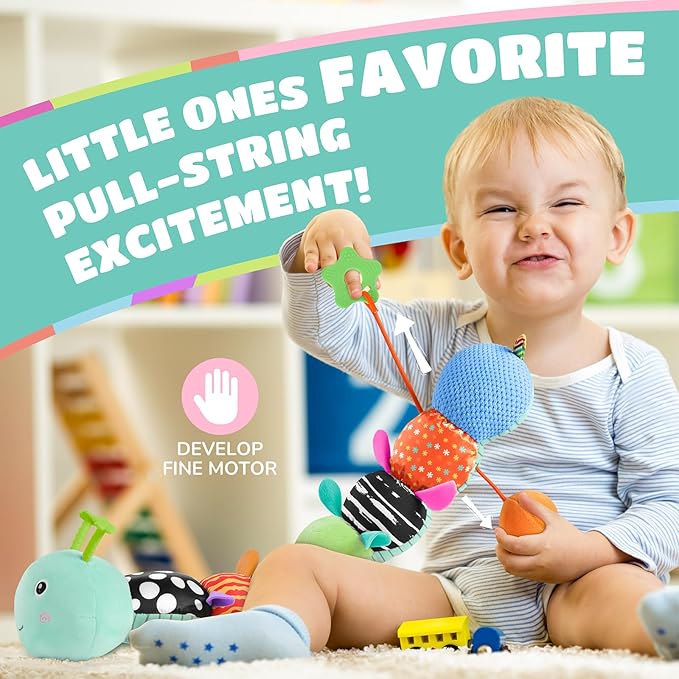 Baby Toys 6-12 Months Music Caterpillar Infant Toys Stuffed Animals 0-3-6 Months Teething Tummy Time Sensory Toys with Mirror Rattle&Pull String for Boys Girls Birthday Gifts|Tiffany Blue,Leafy