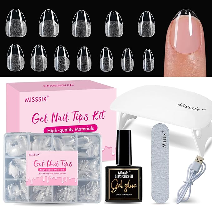 Misssix Extra Short Almond Gel Nail Tips Kit, 216Pcs Pre Etched Clear Fake Nails, Full Cover False Nail 9-in-1 Gel Glue and Portable Mini U V Nail Lamp for Women 12 Sizes