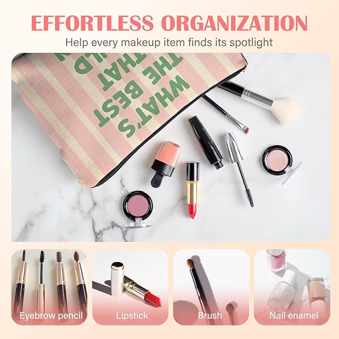 Inspirational Gifts Makeup Bag for Women, Motivational Gifts for Women Coworkers, Retro Green and Pink Cosmetic Bag for Purse, What's The Best That Could Happen Makeup Zipper Pouch