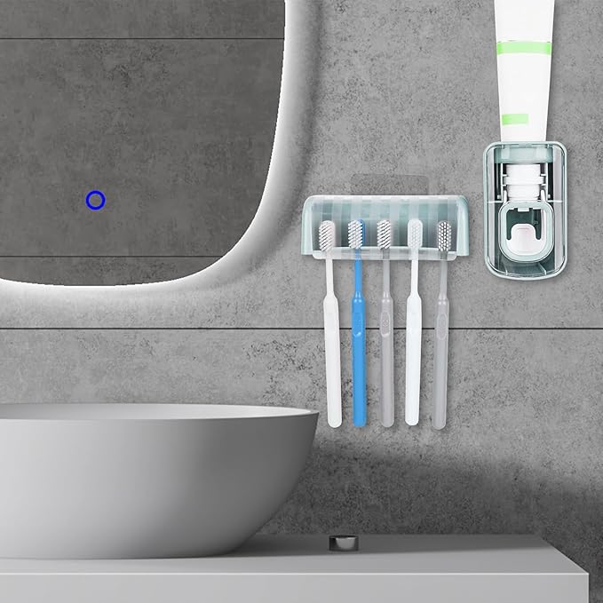 5 Slots Wall Mount Toothbrush Holder with Cover, Self Adhesive Toothbrush Storage Organizer for Shower, Toothbrush Hanger with Automatic Toothpaste Squeezer Dispenser (Blue)