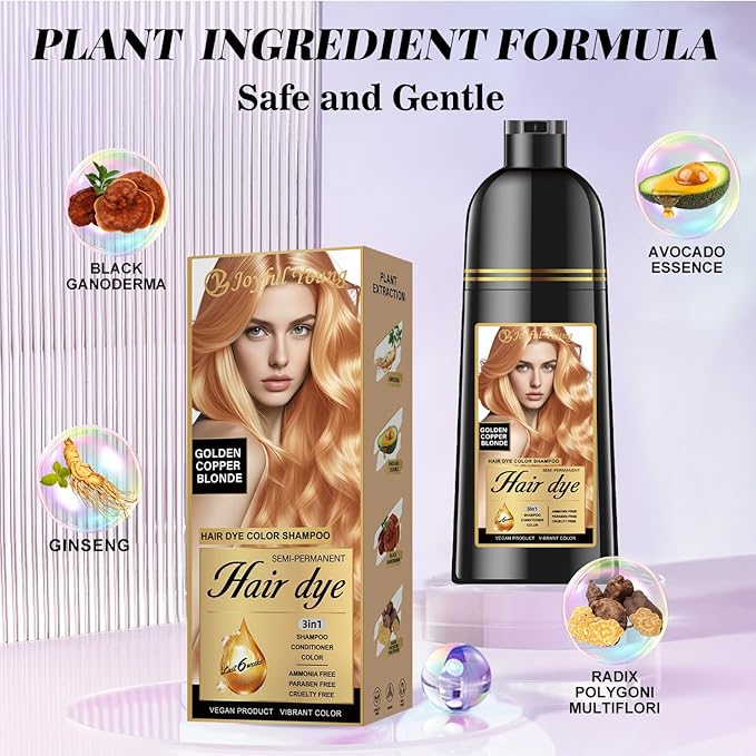 Natural Color Hair Dye Shampoo 3 IN 1, Instant Hair Coloring, Gray Coverage for Men & Women, Beard Dye Vegan Ammonia Free, Champú Para Canas Mujer & Hombre (GOLDEN COPPER BLONDE)