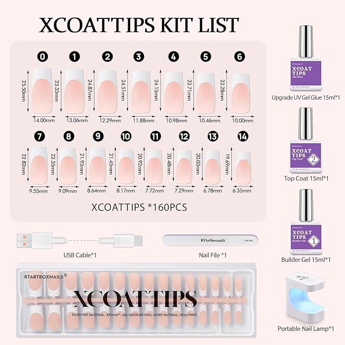 BTArtboxnails Nail Tips and Gel Glue Kit - French Tip Press on Nails Long Square XCOATTIPS Nail Kit, Include Glue, Builder Gel, Top Coat, Nail Lamp Nail Extension