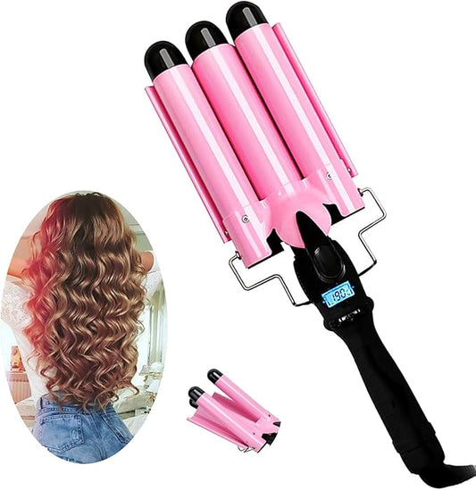 3 Triple Barrel Ceramic Tourmaline Curling Iron Wand with LCD Temperature Display - 1 Inch Crimping Waver, Dual Voltage