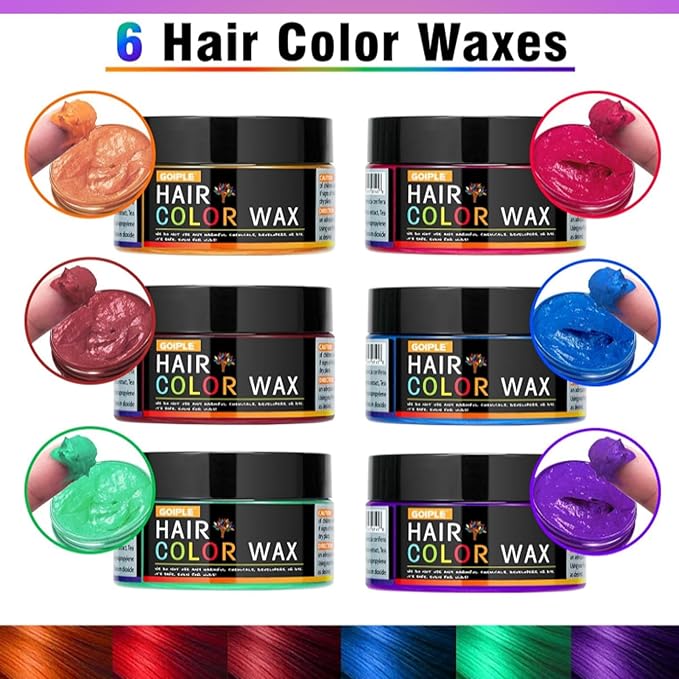 6 Colors Temporary Hair Color Wax for Christmas Party-Green Purple Orange Pink Red Blue Washable Dye for Kids, Men&Women | Stocking Stuffers | Non-Sticky Hair Dye Wax for Cosplay Party&Daily Fun(4 oz)