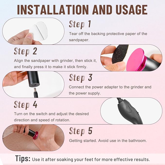 Dermawave Electric Foot File Callus Remover for Feet, Professional Foot Scrubber Sander Grinder for Dead Skin Cracked Heel, Pedicure Tool with 60 Sandpaper Discs for Men & Women