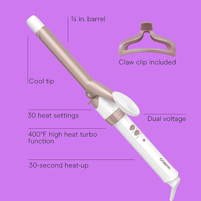 Conair Double Ceramic ¾-Inch Curling Iron with Claw Clip, Creates Tight Curls, Hair Curler for Use on Short, Medium, and Long Hair, White