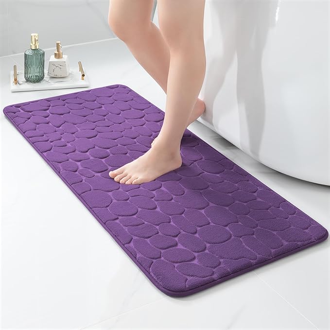 YIHOUSE Memory Foam Runner Rug, Cobblestone Bathroom Runner Rugs Super Water Absorbent Bath Mats for Bathroom Machine Washable Bath Rugs for Hallway Bedroom Laundry Room(20 x 47,Eggplant)