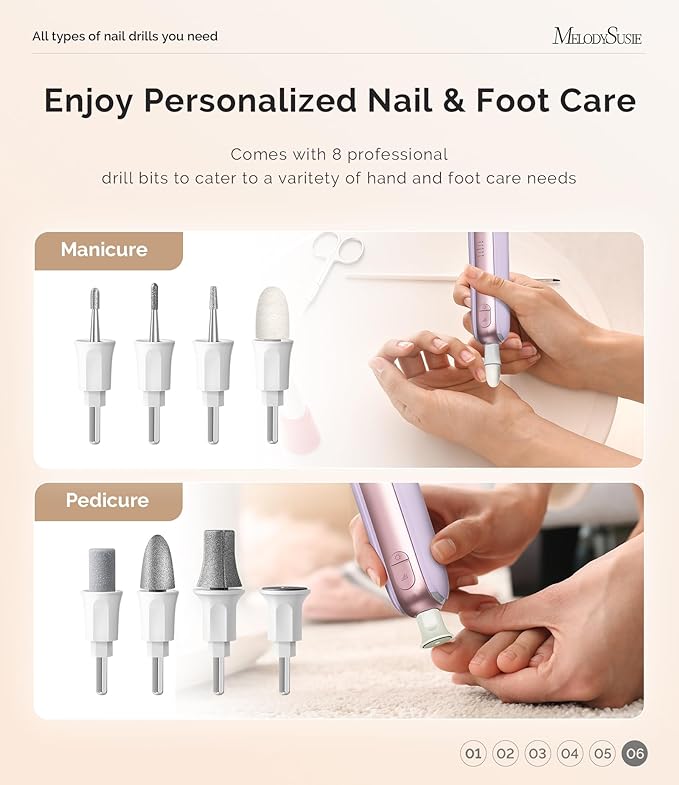 MelodySusie Cordless Pedicure & Manicure Nail Drill Kit, PC760G for Salon-Quality Foot Care for Home & Travel, Rechargeable with 5 Speeds, 8-in-1 Bits, 360° LED Light & Anti-Dust Shield, Purple