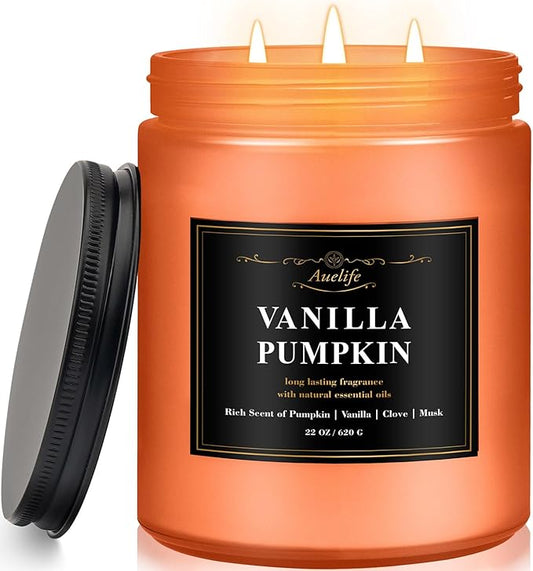 Auelife Fall Candle, Vanilla Pumpkin Scented Candles – 22oz Large 3-Wick Soy Candle, Long Lasting Autumn Aromatherapy Candles for Home Décor, Thanksgiving & Holiday Gift for Women & Men