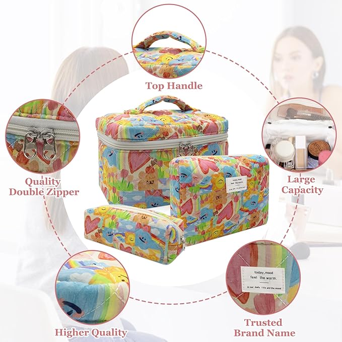 3pc Makeup Bag Set, Quilted Makeup Bag Set, Large Floral Cosmetic Bag for Women, Cute Cotton Makeup Bags, Flower Travel Toiletry Organizer Bag (Heart Shape)