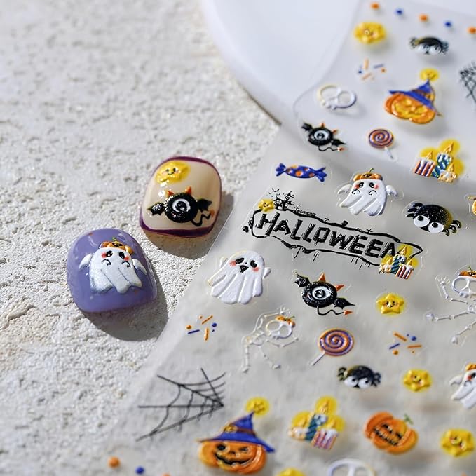 Halloween Nail Stickers for Nail Art Cute Ghost Design 5D Embossed Nail Decals Pumpkin Skull Spider Web Nail Art Stickers Halloween Nail Supplies DIY Manicure for Women Girls