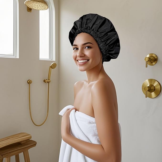 Reusable Shower Cap for Women, Large Waterproof Shower Essentials Bonnet Washable Elastic Band Bath Hair Wrap Hat for Long Hair, Braids(Pink&Black)