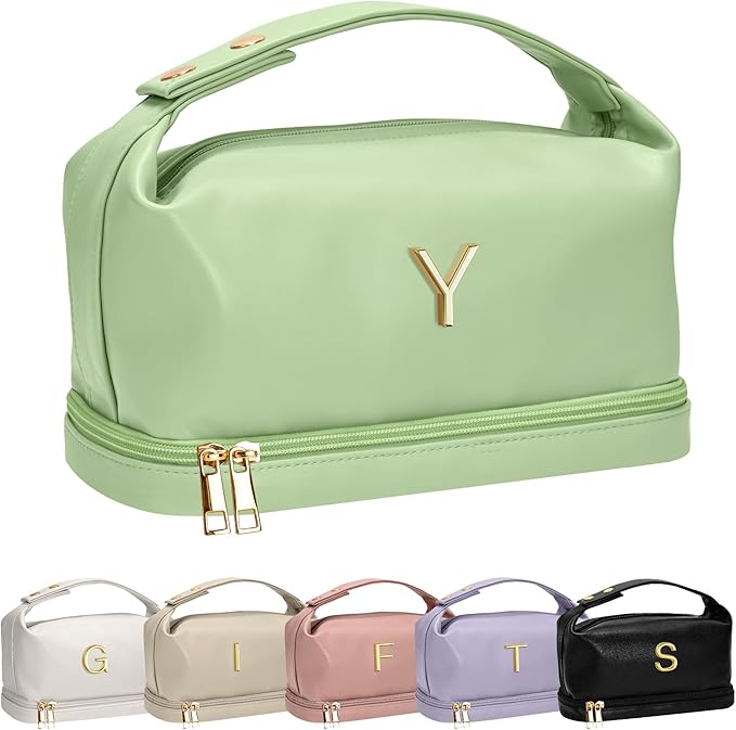 Teenage Girls Gifts Ideas, Personalized Makeup Bag with Handle, Initial Double Layer Cosmetic Bag with Makeup Brush Organizer, Cute Cosmetic Pouch for Women, Gifts for Friends Female Mom