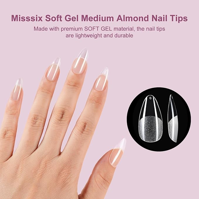 Misssix Medium Almond Gel Nail Tips Kit, 216Pcs Pre Etched Clear Fake Nails, Full Cover False Nail 9-in-1 Gel Glue and Portable Mini U V Nail Lamp for Women 12 Sizes