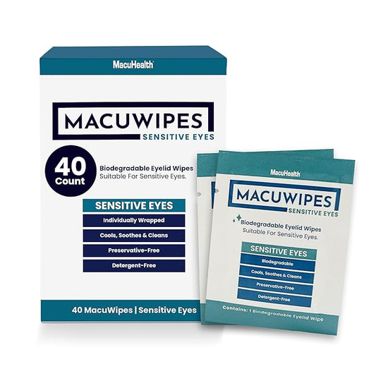 MacuHealth MacuWipes Sensitive - Pre-Moistened Eyelid Wipes for Dry, Sore & Gritty Eyes, Alcohol-Free, Rinse-Free Formula with Tea Tree Oil & Micellar Water, Individually Wrapped - 40 Count