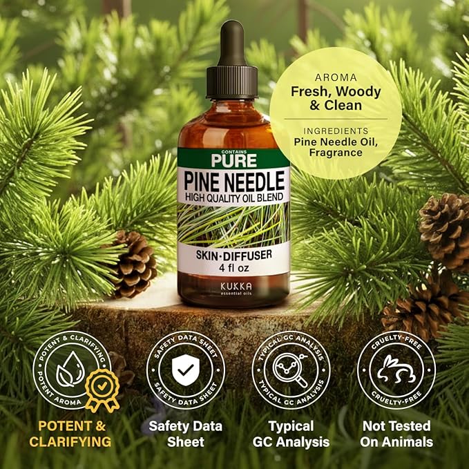 KUKKA Pine Needle Essential Oils - 4 Fl Oz - for Hair, Skin, Diffuser, Aromatherapy & DIY Soap Making Scent