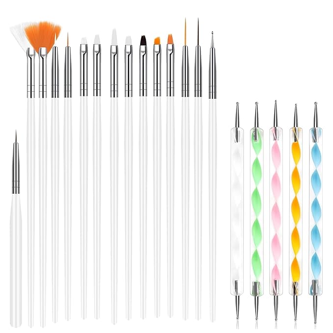 20Pcs Nail Art Brushes Tool Set, Nail Art Double-End Tools, Nail Liner Brushes, Silicone Pen Dotting Pen Tools Nail Art Kit for Home Nail Art DIY Salon Use-White