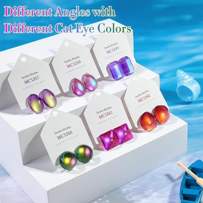 Double Rhythm Cat Eye Gel Nail Polish Set of 6 Same Color Same Bottle 0.5 Oz Shimmer Glitter with Magnet Holographic Reflective Magnetic UV Nail Polish Kit at Home (Aurora Galaxy Burgundy-T6-58)