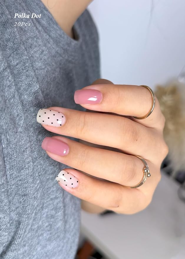 Semi Cured Gel Nail Strips (Polka Dot), Jelly Nude Brown, 20 Pcs Gel Nail Wraps, Stickers, Salon Quality, Long Lasting, Works with Any Lamps