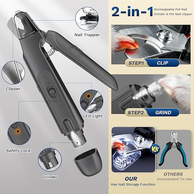 2-in-1 Dog Nail Clippers & Cat Nail Clippers Trimmers for Large Medium Small Dogs Cats Claw Trimmer Quick Sensor and Safety Guard USB Rechargeable with 2 LED Lights Dogs Nail Trimmer (Ivory)