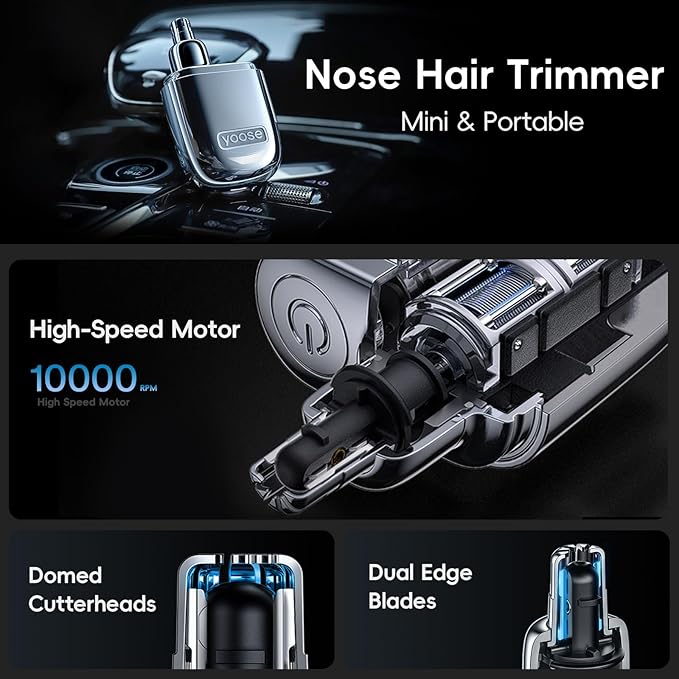 yoose Nose Hair Trimmer, Alloy Rechargeable Nose Hair Trimmer for Men Women, IPX7 Waterproof, Detachable Head, Easy to Clean, Portable Travel Size Nose Trimmers, Dual Edged Blades, Painless, Silver