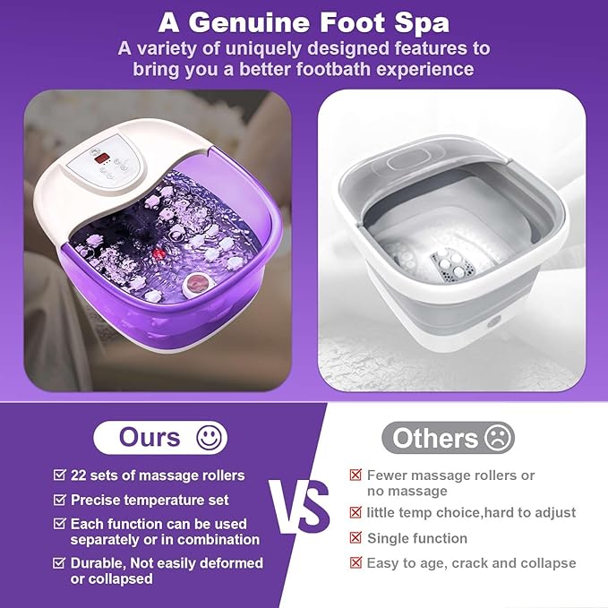 Foot Spa Bath Massager with Heat [2025 Upgraded], Vibration, Temperature Control, Jets, Bubbles and Epsom Salt, Foot Bath Soak Tub with 22 Massage Rollers, Feet Soaking Tub for Relaxation, Purple