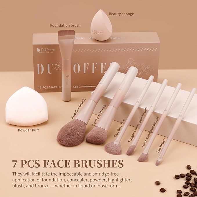 DUcare 14pcs Christmas Makeup Set,12Pcs Coffee Series Makeup Brush set with 2pcs Makeup Sponges Foundation Blending Face Powder Blush Eye Shadows Brushes