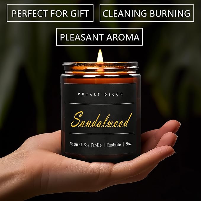 Sandalwood Scented Candles for Home, 9oz Natural Soy Wax Aromatherapy Organic Santal Candle for Stress Relief, Long Burning & Lasting Jar Candle Gifts for Birthday, Housewarmings, Thanksgiving