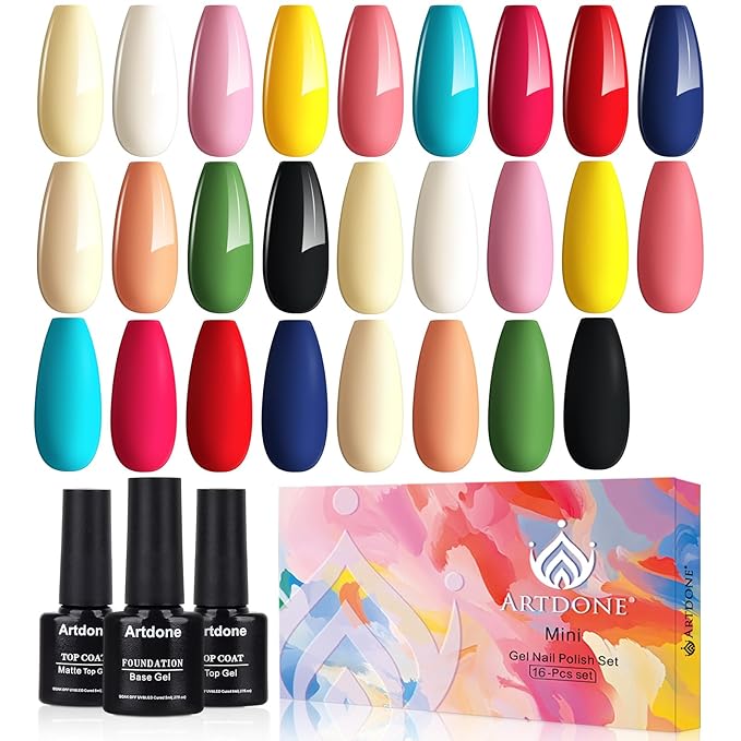 Artdone Gel Nail Polish Set Solid UV Gel 16 Bottles Set Include Top & Matte Top Coat and Base Coat White Pink Yellow Blue Red Colors For All Seasons Neutral Soak Off Manicure Kit For Nail Art