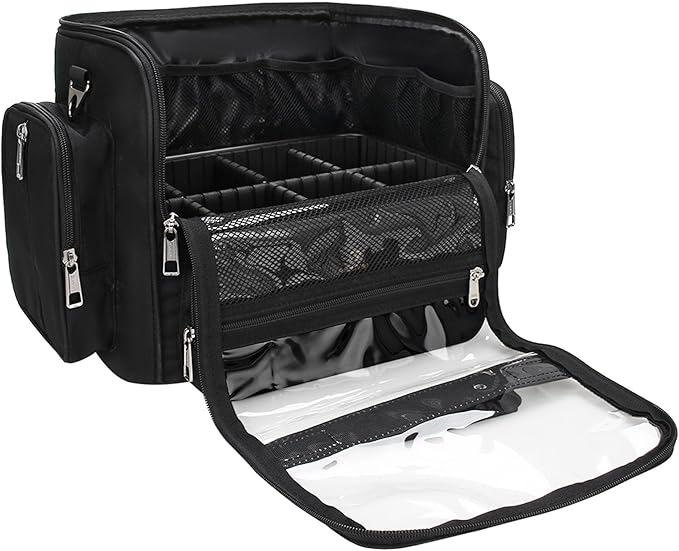 Makeup Brush Bag, Makeup Artist Must Haves, Professional Travel Makeup Brush Case, Extra Large Stand Up Make Up Brush Holder Makeup Organizer, Full Open With Compartments and Shoulder Strap