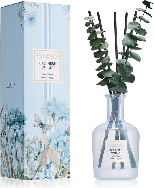 COCORRÍNA Cashmere Vanilla Reed Diffuser – 6.76 oz Essential Oil with Sticks & Dried Eucalyptus Branches, Home Fragrance for Bedroom or Bathroom Décor