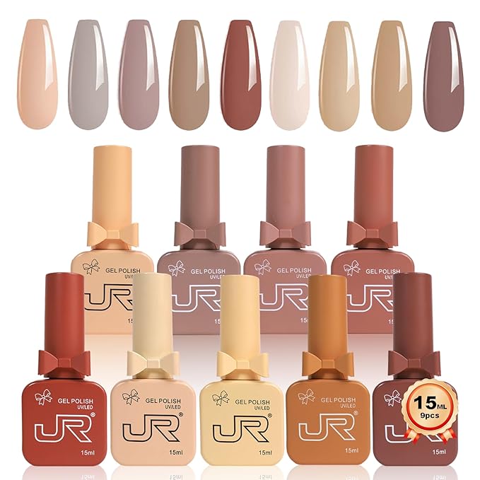 JR 9pcs 15ml Autumn Gel Nail Polish Set Brown Nude Fall Gel Polish Kit UV LED Soak Off Polish Home DIY Brown Gel Polish Set 15ml