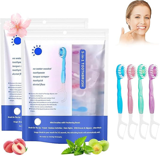 5 in 1 Toothbrush & Floss, 26Pcs mini toothbrushes with Toothpaste, All in one Oral Care on The go, 5 in 1 mini Brush, Toothpaste and Floss, Disposable Travel Toothbrush Set (2)
