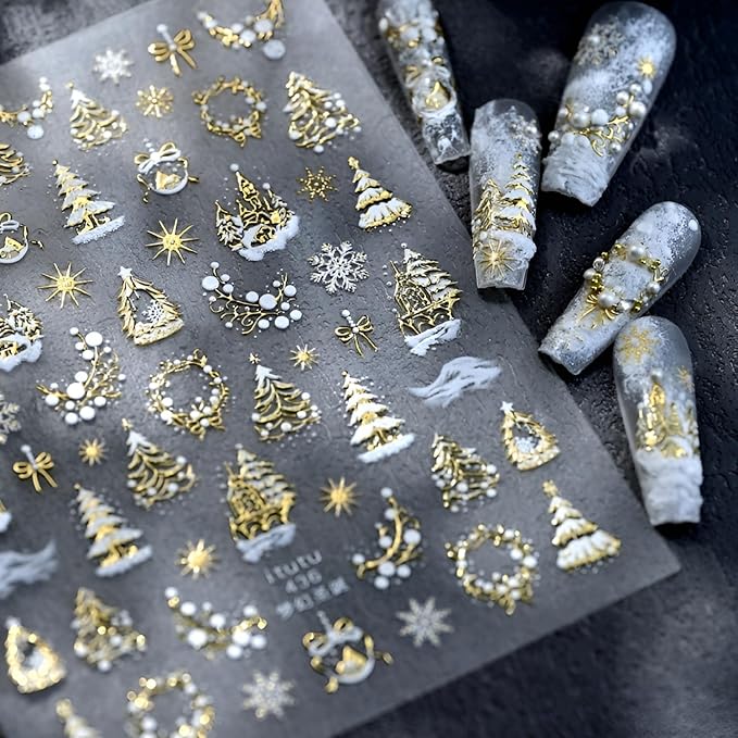 Christmas Nail Art Stickers 5D Embossed Xmas Tree Snowflake Nail Decals White Gold Christmas Nail Stickers for Nail Art Self Adhesive Holiday Nail Supplies Design for Women Girls
