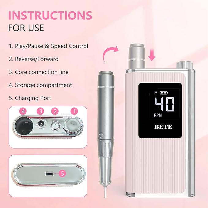 BETE Professional Nail Drill, 40000 RPM Cordless Electric Nail File Kit with 6 Bits, Rechargeable Efile for Acrylic Gel Nails Polishing, Manicure Tools for Salon Home Use, Pink