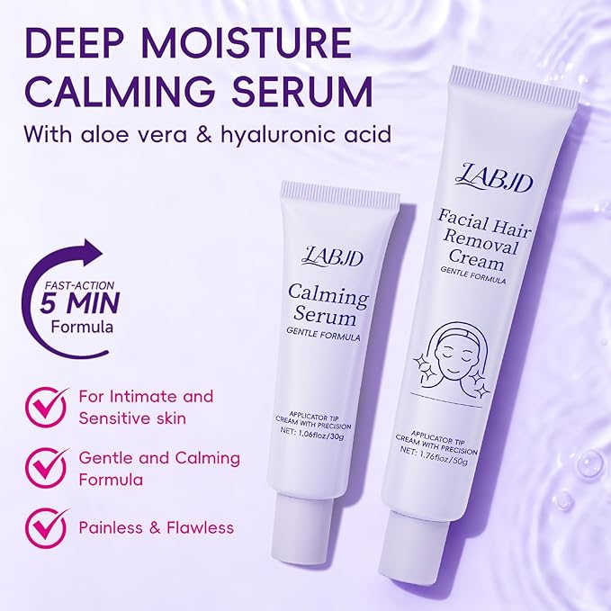 Facial Hair Removal Cream for Women – Depilatory & Post Care Soothing Cream, 5 Min Painless & Fast Face Hair Remover from Chin, Upper Lip, and Sideburns, Gentle Plant Formula for Sensitive Skin