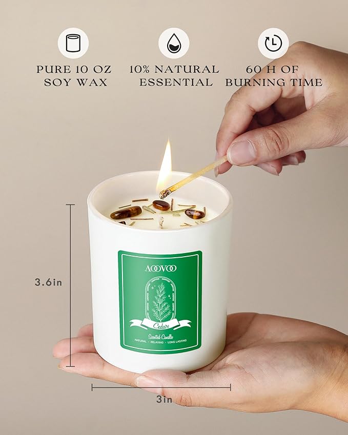 AOOVOO Cedar Scented Candles for Women - Aromatherapy Candle with Crystals Inside, 10oz Soy Candles for Home Scented, Birthday Gifts Christmas Candle for Women Mom