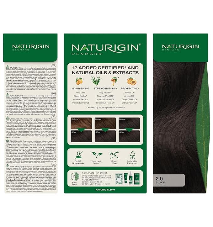 Naturigin Permanent Hair Color, 2.0 Black, Ammonia Free, 100% Gray Coverage, Nourishing Natural Formula, For All Hair Types, Long-Lasting, Vegan & Cruelty-Free, 1 Pack