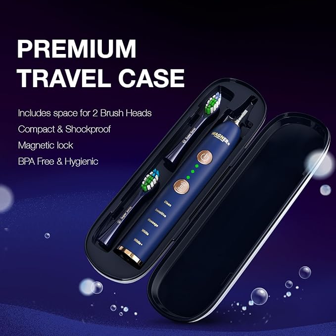 Wagner Stern WHITEN+ Edition. Whitening Electric Toothbrush with Pressure Sensor. Offers 5 Brushing Modes, 3 intensities, 8 Soft Brush Heads, and a Luxury Travel case.