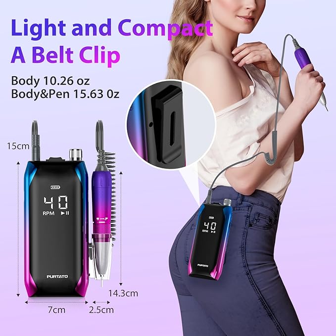 Professional Nail Drill 40,000 RPM, Rechargeable,LCD Display E File Machine for Acrylic Nails Gel Polishing Removing Portable Nails Efile Tools for Manicure Salon & Home (Blue&Purple)