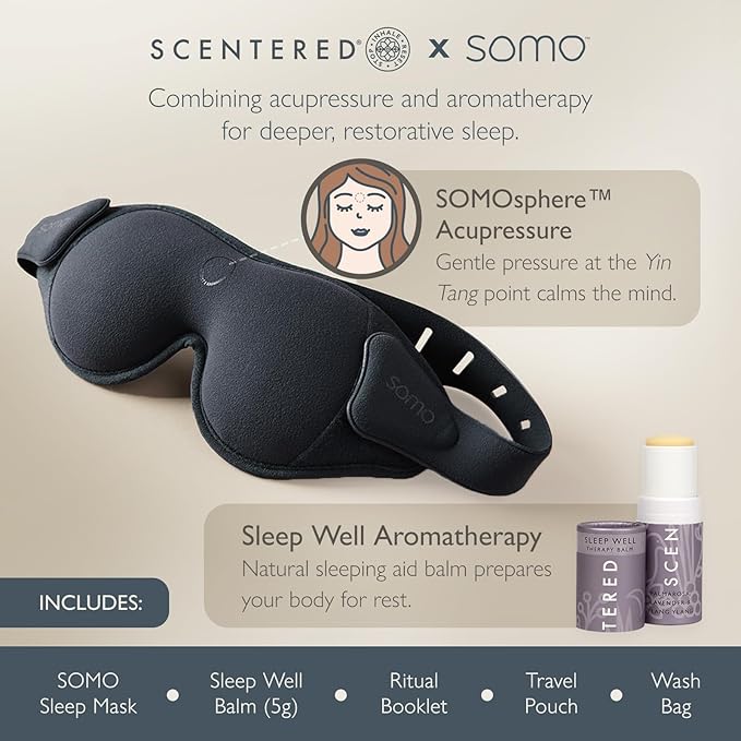 Scentered x SOMO Premium Blackout Sleeping Mask & Sleep Well Aromatherapy Balm Gift Set - Acupressure Eye Mask & Lavender Essential Oil for Deeper Recovery - Fall Asleep Faster & Stay Asleep Longer