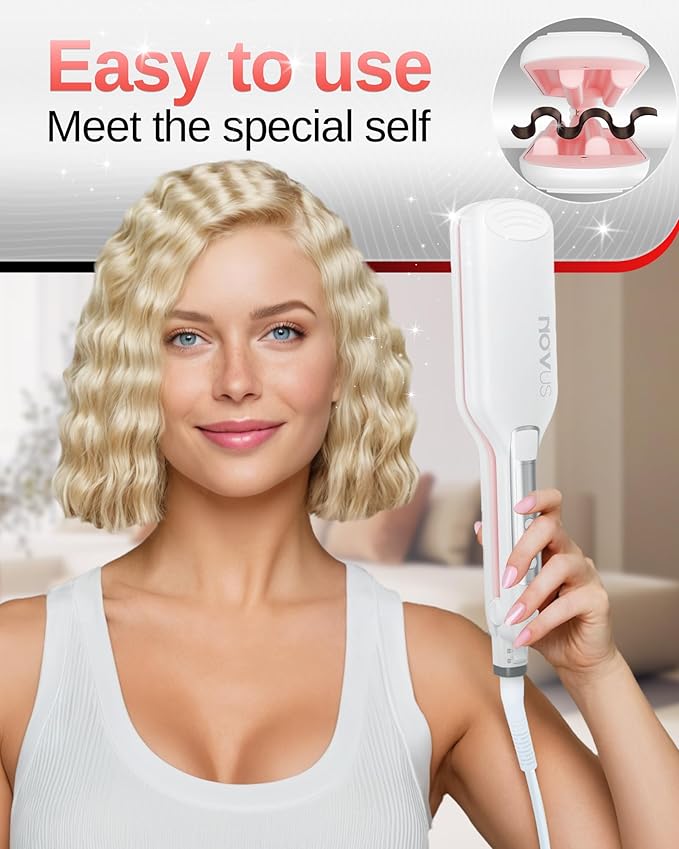 NOVUS Hair Crimper Waves and 4-Barrel Wave Curling Iron, Shallow Wave Hair Curlers Hot Tool with Ceramic, 0.6 Inch Beach Waves Curling Wand, Hair-Type Adjustable Heat