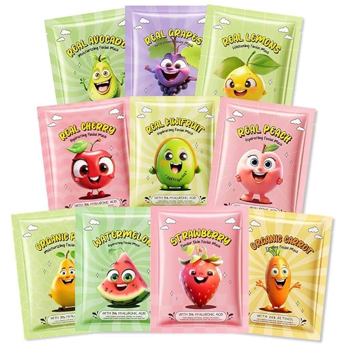10 Pack Fruit Face Masks for Kids – Ultimate Spa Day Kit for Girls Ages 8-12, Adorable Natural Facial Masks, Party Favors & DIY Spa Kit, Creative, Fun, Nourishing Self-Care Experiences