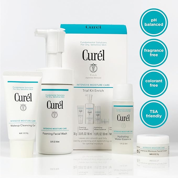 Curel Japanese Skin Care Trial Kit, Cleansing Gel, Foaming Face Wash, Facial Lotion, Facial Cream with Ceramides for Dry, Sensitive Skin, Travel Size, Cruise Ship Essentials, Fragrance & Alcohol Free