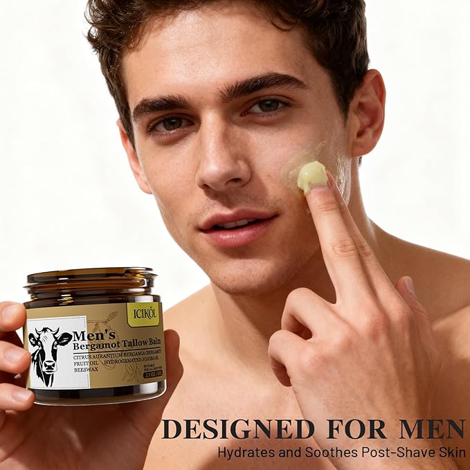Organic Beef Tallow Honey Balm, Handmade Moisturizer Beef Tallow for Face, Grass Fed Beef Tallow for Dry Skin, Pure Natural Cream with Bergamot Scent,Designed for Men After Shave, 2.1oz