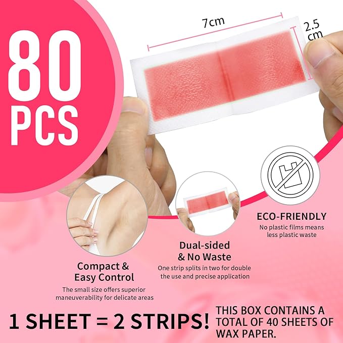 80PCS Wax Strips for Hair Removal, Waxing Kit for Women, Eyebrow Wax Strips & Facial Hair Removal, Sensitive Skin Friendly, Multi-Use on Face, Legs, Bikini Area, Long-Lasting Smoothness